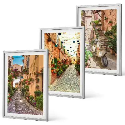 3er-Set Bilder mit Rahmen mit Motiven von Straßen, Blumen und italienischem Flair
