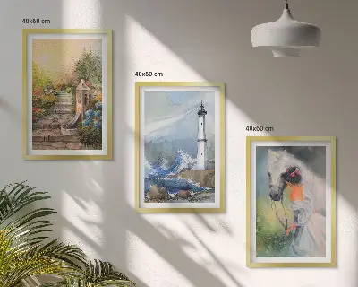 Gerahmtes Bilderset mit Motiven von Landschaft, Leuchtturm, Pferd und Mädchen