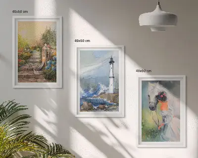 Gerahmtes Bilderset mit Motiven von Landschaft, Leuchtturm, Pferd und Mädchen