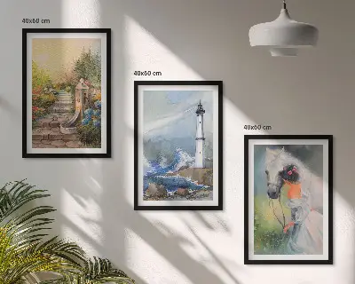 Gerahmtes Bilderset mit Motiven von Landschaft, Leuchtturm, Pferd und Mädchen