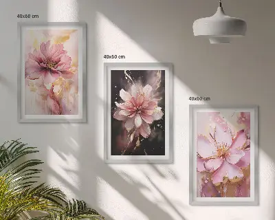 Gerahmtes Bilderset mit Blumenkompositionen aus Rosen und Weiß