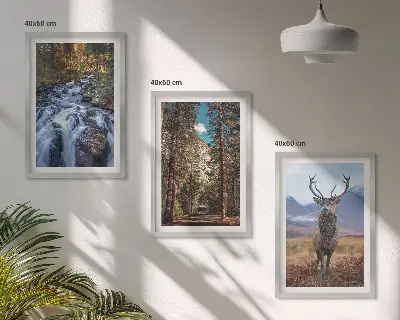 Wasserfall Wald Berge Hirsch Natur 3er-Set Wandbilder mit Rahmen