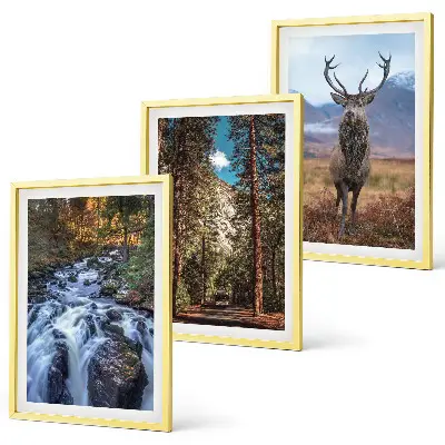 Wasserfall Wald Berge Hirsch Natur 3er-Set Wandbilder mit Rahmen