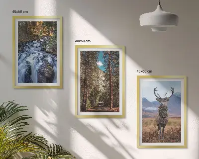 Wasserfall Wald Berge Hirsch Natur 3er-Set Wandbilder mit Rahmen