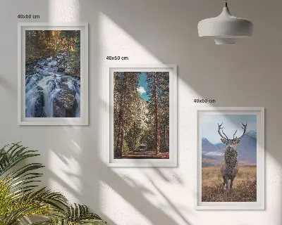 Wasserfall Wald Berge Hirsch Natur 3er-Set Wandbilder mit Rahmen