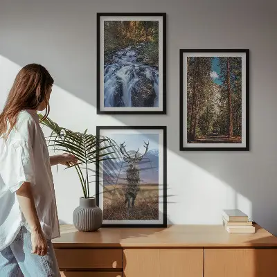 Wasserfall Wald Berge Hirsch Natur 3er-Set Wandbilder mit Rahmen
