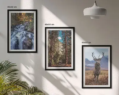 Wasserfall Wald Berge Hirsch Natur 3er-Set Wandbilder mit Rahmen