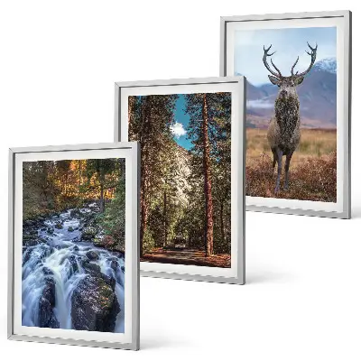 Wasserfall Wald Berge Hirsch Natur 3er-Set Wandbilder mit Rahmen