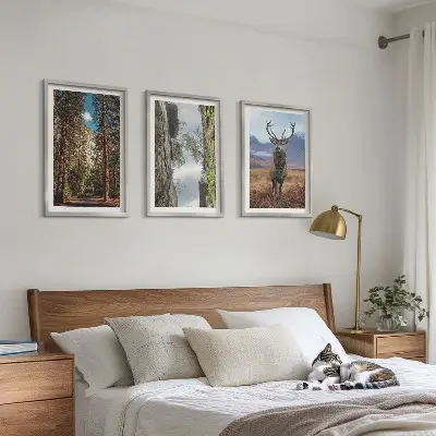 Gerahmtes Bilderset mit Straßen, Wald, Bergen und Hirsch-Motiv