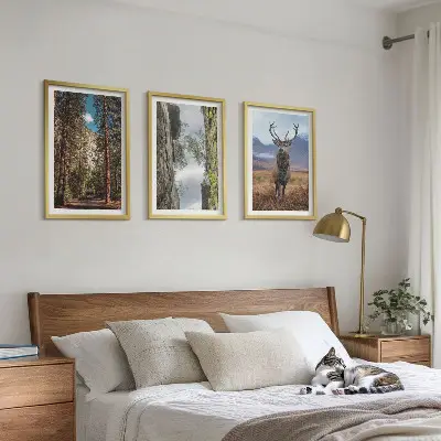 Gerahmtes Bilderset mit Straßen, Wald, Bergen und Hirsch-Motiv