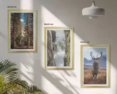 Gerahmtes Bilderset mit Straßen, Wald, Bergen und Hirsch-Motiv