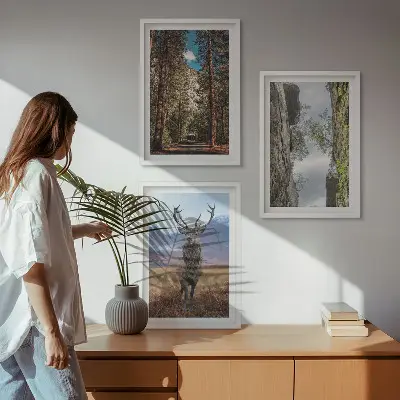 Gerahmtes Bilderset mit Straßen, Wald, Bergen und Hirsch-Motiv