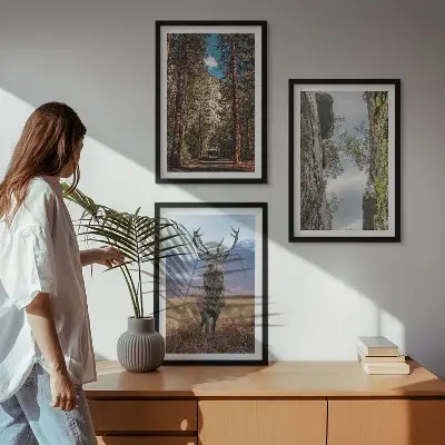 Gerahmtes Bilderset mit Straßen, Wald, Bergen und Hirsch-Motiv
