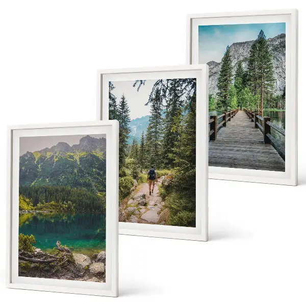Bilder-3er-Set mit Rahmen Motiv Berge, Seen, Wälder und Wege