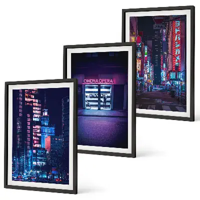 Gerahmtes Bilderset mit Motiv Neon-Eingang zur nächtlichen Stadt