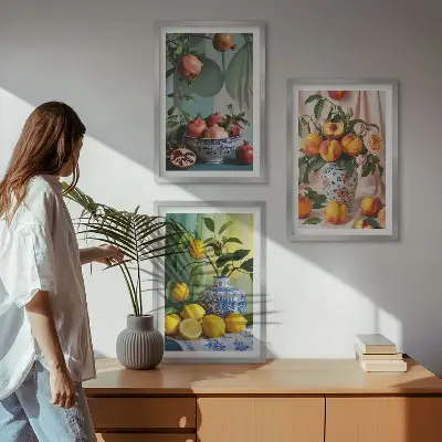 Gerahmtes Bilderset mit Motiven von Granatäpfeln, Pfirsichen und Zitronen