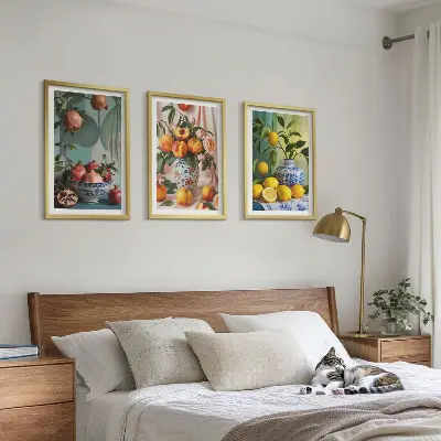 Gerahmtes Bilderset mit Motiven von Granatäpfeln, Pfirsichen und Zitronen