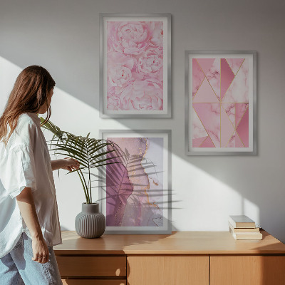 Bilder-3er-set mit rahmen Rosa geometrische Pfingstrosen