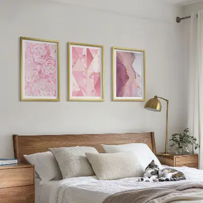 Rosa geometrische Pfingstrosen Bilderset 3er-Set mit Rahmen