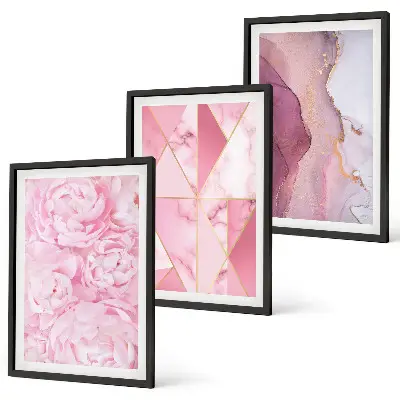 Rosa geometrische Pfingstrosen Bilderset 3er-Set mit Rahmen