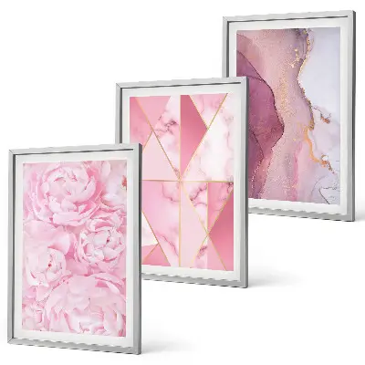 Rosa geometrische Pfingstrosen Bilderset 3er-Set mit Rahmen