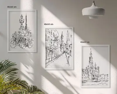 3er-Set Wandbilder mit Rahmen mit einfachen Zeichnungen von Stadtlandschaften