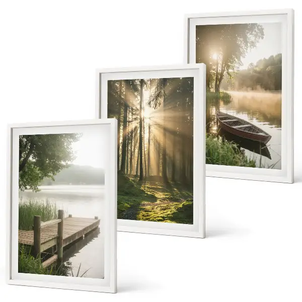 3er-Set Wandbilder mit Rahmen mit Motiv See Wald Boot und Morgennebel