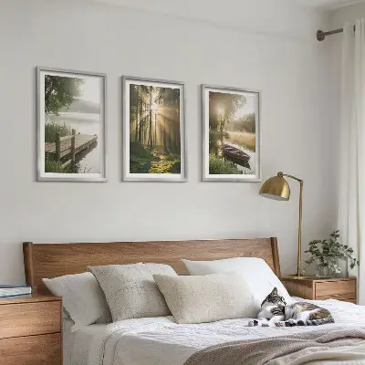 3er-Set Wandbilder mit Rahmen mit Motiv See Wald Boot und Morgennebel