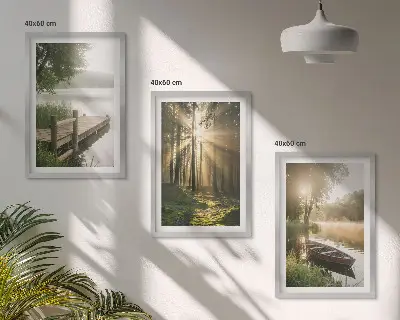 3er-Set Wandbilder mit Rahmen mit Motiv See Wald Boot und Morgennebel