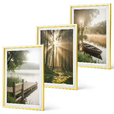 3er-Set Wandbilder mit Rahmen mit Motiv See Wald Boot und Morgennebel