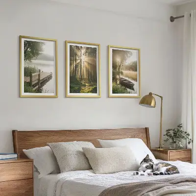 3er-Set Wandbilder mit Rahmen mit Motiv See Wald Boot und Morgennebel