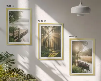 3er-Set Wandbilder mit Rahmen mit Motiv See Wald Boot und Morgennebel