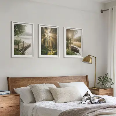3er-Set Wandbilder mit Rahmen mit Motiv See Wald Boot und Morgennebel