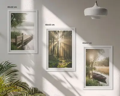 3er-Set Wandbilder mit Rahmen mit Motiv See Wald Boot und Morgennebel