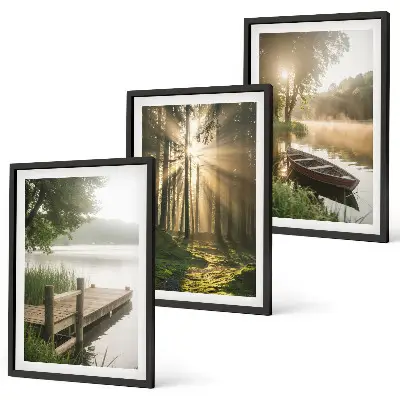 3er-Set Wandbilder mit Rahmen mit Motiv See Wald Boot und Morgennebel