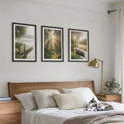 3er-Set Wandbilder mit Rahmen mit Motiv See Wald Boot und Morgennebel