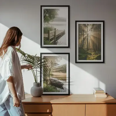 3er-Set Wandbilder mit Rahmen mit Motiv See Wald Boot und Morgennebel
