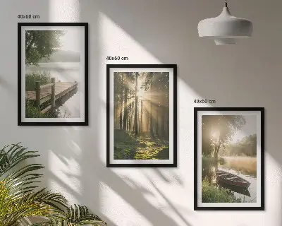 3er-Set Wandbilder mit Rahmen mit Motiv See Wald Boot und Morgennebel