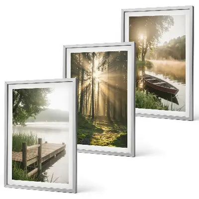3er-Set Wandbilder mit Rahmen mit Motiv See Wald Boot und Morgennebel