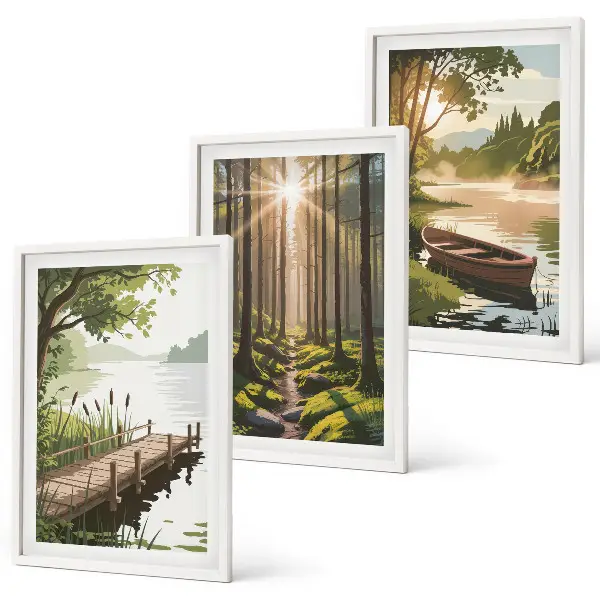 Gerahmtes Bilderset Landschaft mit Wald, See und Boot