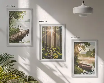Gerahmtes Bilderset Landschaft mit Wald, See und Boot