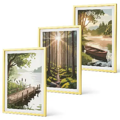 Gerahmtes Bilderset Landschaft mit Wald, See und Boot