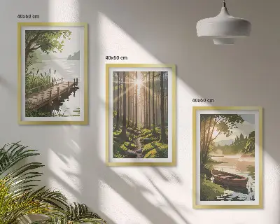 Gerahmtes Bilderset Landschaft mit Wald, See und Boot