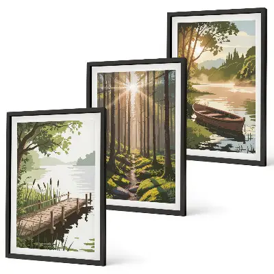 Gerahmtes Bilderset Landschaft mit Wald, See und Boot