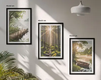 Gerahmtes Bilderset Landschaft mit Wald, See und Boot