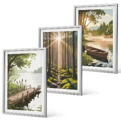 Gerahmtes Bilderset Landschaft mit Wald, See und Boot