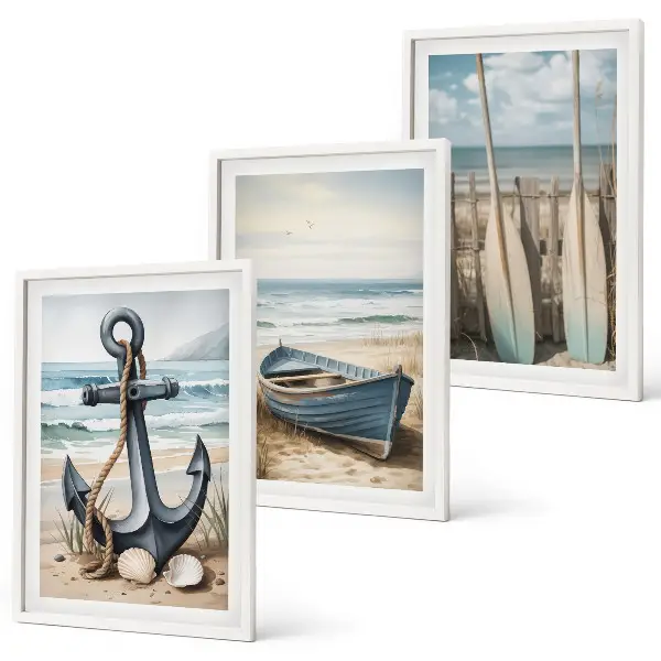 Bilder-3er-Set mit Rahmen mit Motiven von Anker, Boot, Ruder und Strand
