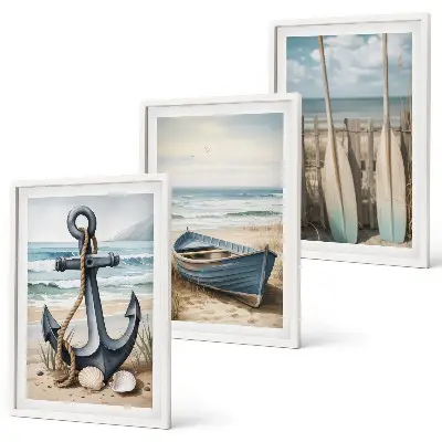 Bilder-3er-Set mit Rahmen mit Motiven von Anker, Boot, Ruder und Strand