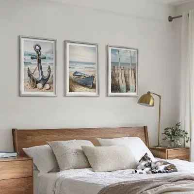 Bilder-3er-Set mit Rahmen mit Motiven von Anker, Boot, Ruder und Strand