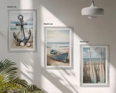 Bilder-3er-Set mit Rahmen mit Motiven von Anker, Boot, Ruder und Strand
